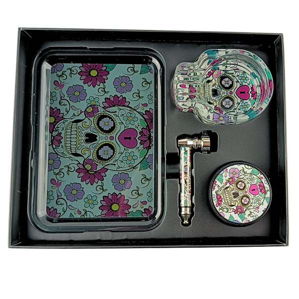 Geschenk Set Grinder/Pipe/Ascher/Tray, Skull/blau/pink